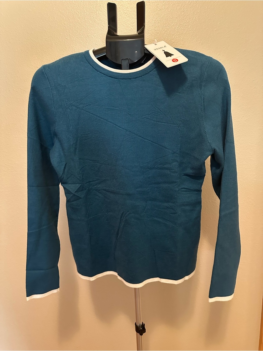 Women's Teal Crewneck Sweater with White Trim - Classic Lightweight Knit